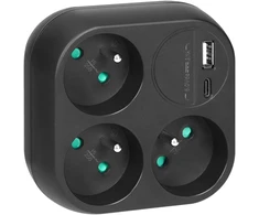 Orno Šakotuvas 3x2P+Z su USB-A+C įkrovikliu, 15,5 W, juodas