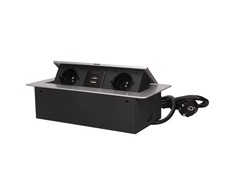 Orno Stalviršyje įleistas baldų lizdas plokščiu frezuotu kraštu, USB įkrovikliu ir 1,5 m laidu, 2x2P + Z, 2xUSB, sidabrinė