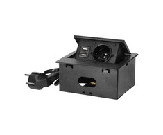 Orno Įleidžiamas baldų lizdas su USB įkrovikliu ir 1,5 m laidu, 1x2P+Z, 2xUSB (A tipas, 2.1A), plokščias frezuotas kraštas, juodas