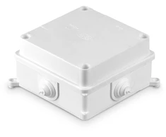 Plastrol Paskirstymo jungiamoji dėžutė, sieninė, keturių angų su besrieginėmis įvorėmis d-25, ip44, naudojant ,,lovelio" tipo įvores ip20, matmenys 125x125x70