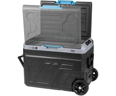 Profesjonalna Profesionalus TEESA kompresorinis kelioninis šaldytuvas su šaldymo funkcija, 50 l DC12/24 AC 230V, dideli ratukai ir tvirta rankena, „Bluetooth“, maitinimas baterijomis.