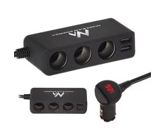Rozdzielacz „Maclean“ automobilio cigarečių degiklio lizdo skirstytuvas, voltmetras, 3 cigarečių degiklio lizdai, 4xUSB, 4,8A, maks. 120W, juodas, gumuotas