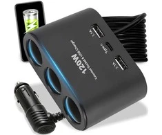 Rozdzielacz Automobilio cigarečių žiebtuvėlio skirstytuvas, 3 lizdai, 2 USB 12v 24v