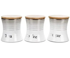 Eurofirany Dekoratyvinių indelių rinkinys cukrui, kavai ir arbatai, baltas su sidabriniais akcentais, 3 dalių rinkinys, 12x12x13 cm, dolomitas ir bambukas, virtuvės aksesuarai