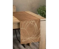 Eurofirany BLINK / 12 Aksominis stalo takelis su dideliu lotoso žiedo raštu, 35X180 cm, spalva: ruda