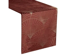 Eurofirany BLINK / 14 Aksominis stalo takelis su su dideliu art deco stiliaus vėduoklės raštu, 35X220 cm, spalva: plytų