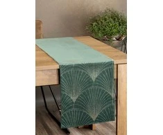 Eurofirany BLINK / 14 Aksominis stalo takelis su su dideliu art deco stiliaus vėduoklės raštu, 35X140 cm, spalva: tamsi mėtų