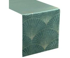 Eurofirany BLINK / 14 Aksominis stalo takelis su su dideliu art deco stiliaus vėduoklės raštu, 35X180 cm, spalva: tamsi mėtų
