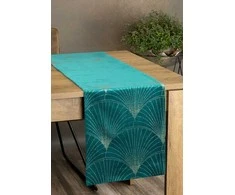 Eurofirany BLINK / 14 Aksominis stalo takelis su su dideliu art deco stiliaus vėduoklės raštu, 35X220 cm, spalva: tamsi turkio