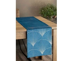 Eurofirany BLINK / 14 Aksominis stalo takelis su su dideliu art deco stiliaus vėduoklės raštu, 35X140 cm, spalva: mėlyna