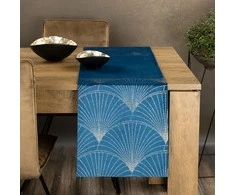 Eurofirany BLINK / 14 Aksominis stalo takelis su su dideliu art deco stiliaus vėduoklės raštu, 35X140 cm, spalva: mėlyna