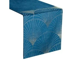 Eurofirany BLINK / 14 Aksominis stalo takelis su su dideliu art deco stiliaus vėduoklės raštu, 35X220 cm, spalva: mėlyna