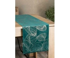 Eurofirany BLINK / 16 Aksominis stalo takelis su didelių lapų raštu, 35X220 cm, spalva: tamsi turkio