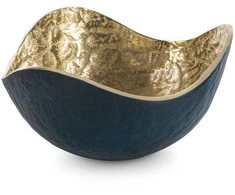 Eurofirany Dekoratyvinis metalinis dubuo, tamsiai mėlynos ir auksinės spalvos, kvadratinė forma, 25x25x13 cm, modernus interjero akcentas, stalo dekoracija
