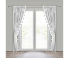 Eurofirany Baltos gėlėmis siuvinėtos poliesterio užuolaidos, 140x270 cm rinkinys su surišimu, paruoštos kabinti ant juostos, svetainės ir miegamojo langų dekoras, dieninės užuolaidos