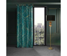 Eurofirany LIMITED COLLECTION LILI2 Minkšto aksomo naktinė užuolaida su didelių lapų motyvu, 140X250 cm, kilpos / žiedai, spalva: tamsi turkio,