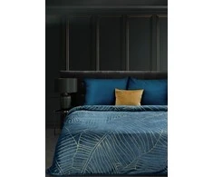 Eurofirany LIMITED COLLECTION MUSA2 Minkštas ir švelnus pledas, dekoruotas auksiniu bananų lapų raštu, 150X200 cm, spalva: tamsiai mėlyna / auksinė