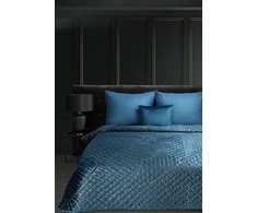 Eurofirany LIMITED COLLECTION MUSA2 Aksominė lovatiesė su bananų lapų raštu, dygsniuota karšto spaudimo būdu, 170X210  cm, spalva: tamsiai mėlyna /auksinė