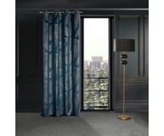 Eurofirany LIMITED COLLECTION MUSA2A Naktinė užuolaida iš minkšto aksomo su bananų lapų raštu, 140X250 cm, kilpos / žiedai, spalva: tamsiai mėlyna / šampano