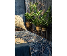 Eurofirany LIMITED COLLECTION MUSA2A Naktinė užuolaida iš minkšto aksomo su bananų lapų raštu, 140X250 cm, kilpos / žiedai, spalva: tamsiai mėlyna / šampano