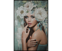 Eurofirany Turkio spalvos moteris su gėlėmis rankomis tapyta drobė, 80x120 cm įrėmintas dekoratyvinis paveikslas, modernus elegantiškas interjero dekoras, gėlių portretas, sienų puošmena