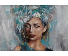Eurofirany Rankomis tapytas pusiau abstraktus moters portretas, šalti pilki ir mėlyni tonai, didelis drobės paveikslas, 80x120 cm, emocingas meninis dekoras, sienų puošmena