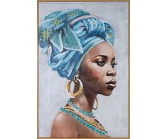 Eurofirany Rankomis tapytas drobės paveikslas, Afrikos moters portretas, pilki ir mėlyni tonai, 80x120 cm įrėmintas meno kūrinys etniniam ir moderniam interjerui, dekoratyvinė sienų tapyba, namų dekoras