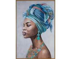 Eurofirany Afrikos moters portretas, rankomis tapytas ant drobės, pilki ir mėlyni tonai, 80x120 cm, dekoratyvinis sienų menas etniniam ir moderniam interjerui, paveikslas namams