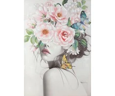 Eurofirany Rožinė moteris su gėlių galvos apdangalu, rankomis tapytas paveikslas ant drobės, 70x100 cm, romantiškas sienų dekoras, gėlių motyvo paveikslas, interjero detalė