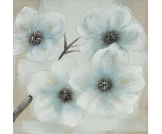 Eurofirany Rankomis tapytas gėlių paveikslas ant drobės, smėlio ir mėlynos spalvos gėlės, 60x60 cm kvadratinis paveikslas, klasikinis elegantiškas dekoras, unikali tekstūrinė sienų dekoracija