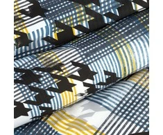 Eurofirany Medvilninio satino patalynės komplektas, 220x200 cm, su dviem pagalvių užvalkalais, mėlynos geltonos juodos spalvos languotas raštas, skaitmeninė spauda, dovanų dėžutė, elegantiškas miegamojo dekoras Patalynė