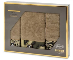 Rankšluostis Eurofirany Medvilninių rankšluosčių rinkinys dėžutėje, 3 dalys, 500g/m², dekoratyviniai elementai, 30x50 cm, 50x90 cm, 70x140 cm, smėlio spalva, vonios tekstilė