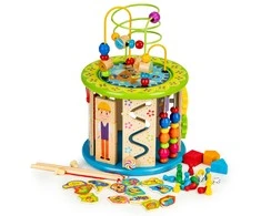Ecotoys Cube Lavinantis medinis kubas su žaidimais, kaladėlėmis, žvejyba