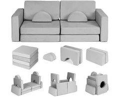 Didelė 2 vietų modulinė sulankstoma sofa vaikams „pasidaryk pats“ su 10 minkštų pagalvių – pilka ECOTOYS