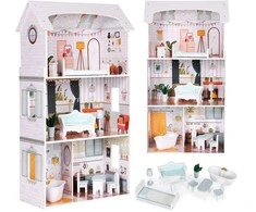 Alisos lėlių namelis 3 aukštų 4 kambarių 9 baldų komplektas ECOTOYS