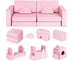 Didelė 2 vietų modulinė sulankstoma sofa vaikams „pasidaryk pats“ su 10 minkštų pagalvėlių – rožinė ECOTOYS