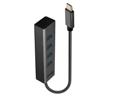 USB Hub - LINDY 4 Portų USB 3.2 Gen 1 Type C Hub, 5 Gbps, Duomenų Perdavimui, 30 cm Kabelis, Juodas