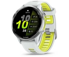 Išmanusis laikrodis Garmin Forerunner 970, su titano ir baltojo akmens korpusu bei baltojo akmens / permatomu ryškiai geltonu dirželiu