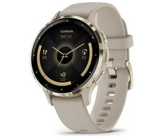 Išmanusis laikrodis GarminVenu® 3S, Šviesaus aukso spalvos nerūdijančiojo plieno apvadas su smėlio spalvos silikoniniu dirželiu