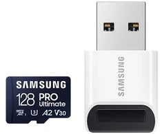 Atminties kortelė  Samsung MicroSD kortelė su kortelių skaitytuvu PRO Ultimate 128 GB Micro SDXC atminties kortelė Flash atminties klasė U3, V30, A2