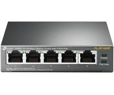Šakotuvas TP-LINK 5 prievadų 10/100Mbps stalinis komutatorius su 4 prievadų PoE, 5 10/100Mbps RJ45 jungtimis, įskaitant 4 PoE jungtis, 58 W PoE maitinimo šaltinį, plienas
