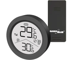 „GreenBlue“ belaidė meteorologinė stotelė, įėjimo/išėjimo temperatūra, laikrodis, pasirenkami °C / °F, veikimo nuotolis iki 60 m, juoda, GB162 B