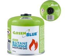 Kartusz 500g „GreenBlue“ dujų balionėlis. Sertifikatas: Pi 0437, atitinka EN417 standartą, butanas-propanas, temperatūros diapazonas nuo -10 °C iki + 40 °C, srieginis vožtuvas 7/16".