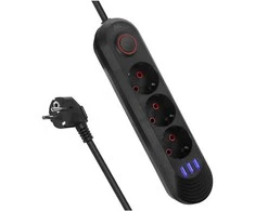 „Maclean“ maitinimo laidas, 3 lizdų prailginimo laidas + 3xUSB, 110-240V AC 50/60Hz, 2.1A max 2500W, 1.5m, juodas, MCE394 B