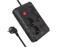 „Maclean“ maitinimo laidas, 4 lizdų prailginimo laidas + 3xUSB, 110-240V AC 50/60Hz, 2.1A max 2500W, 3m, juodas, MCE393 B