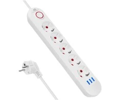 „Maclean“ maitinimo jungtis, 5 lizdų prailgintuvas + 3xUSB, 110-240V AC 50/60Hz, 2.1A max 2500W, 1.5m, baltas, MCE395 W