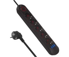 „Maclean“ maitinimo laidas, 5 lizdų prailginimo laidas + 3xUSB, 110-240V AC 50/60Hz, 2.1A max 2500W, 1.5m, juodas, MCE395 B