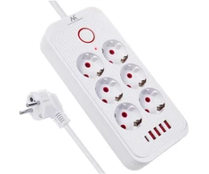 „Maclean“ maitinimo jungtis, 6 lizdų prailgintuvas + 4xUSB, 110-240V AC 50/60Hz, 2.1A max 2500W, 1.5 m, baltas, MCE389 W