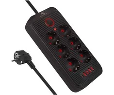 „Maclean“ maitinimo jungtis, 6 lizdų prailgintuvas + 4xUSB, 110-240V AC 50/60Hz, 2.1A max 2500W, 1.5 m, juodas, MCE389 B