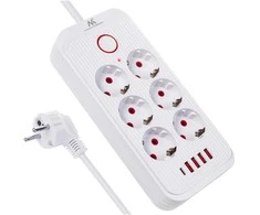 „Maclean“ maitinimo jungtis, 6 lizdų prailgintuvas + 4xUSB, 110-240V AC 50/60Hz, 2.1A max 2500W, 3m, baltas, MCE391 W